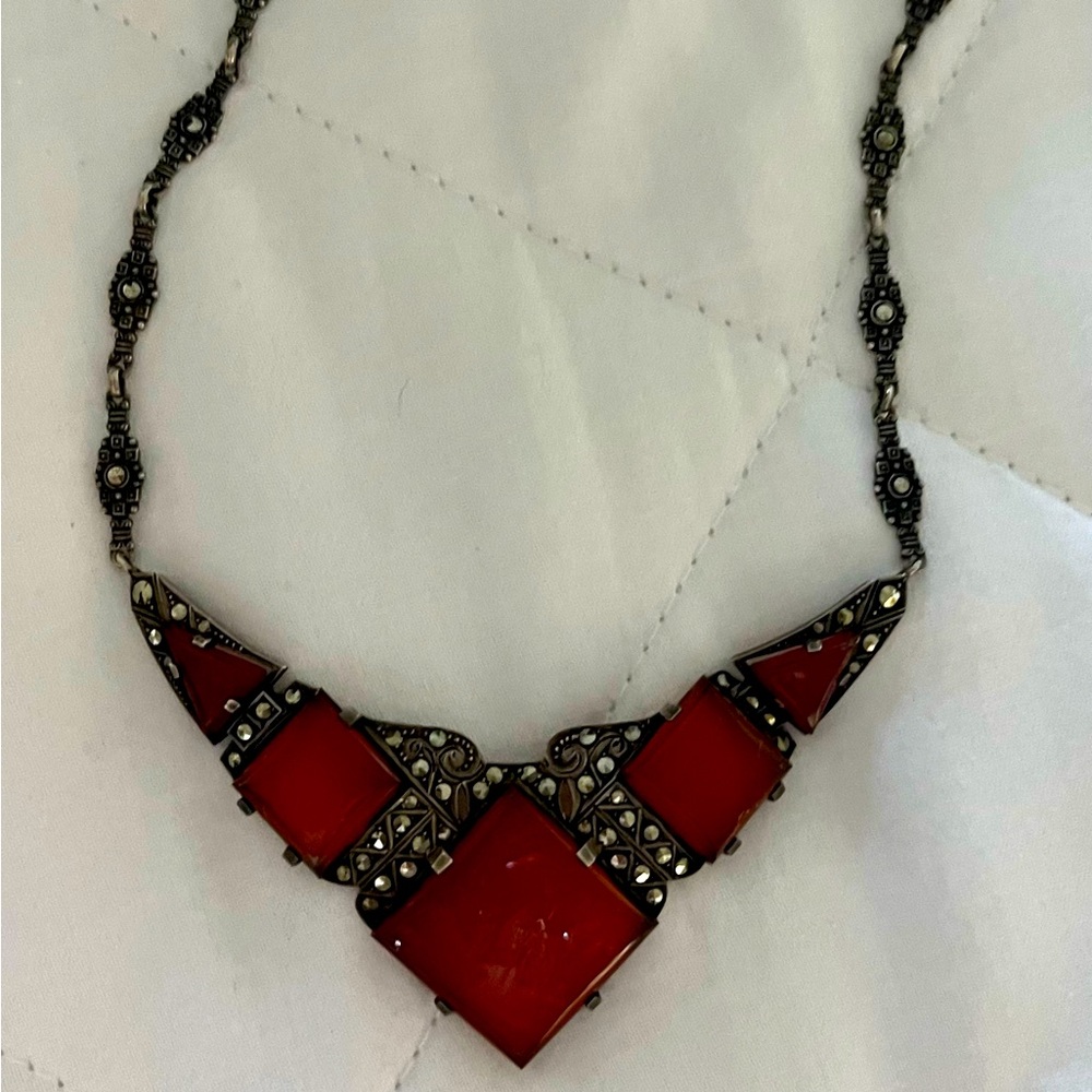 Antique Marcasite necklace. Carnelian Stone Stunning Silver